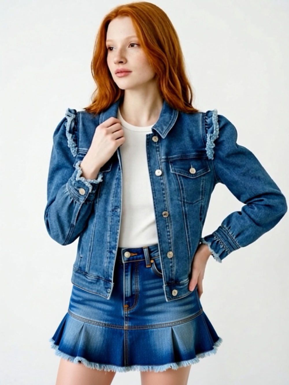 Cottage Core Gorpcore Frayed Ruffle Distressed Generation Love Denim Jean Jacket